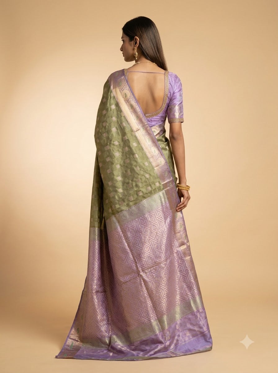 Sage Kanjeevaram Silk Saree with Metallic Zari Border