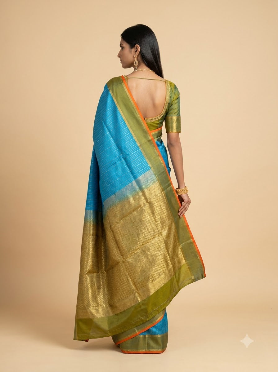 Turquoise Blue Kanjeevaram Silk Saree with Gold Zari Border