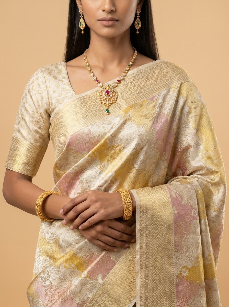 Cream Pure Kanjeevaram Tissue Silk Saree with Zari Jaal Pallu