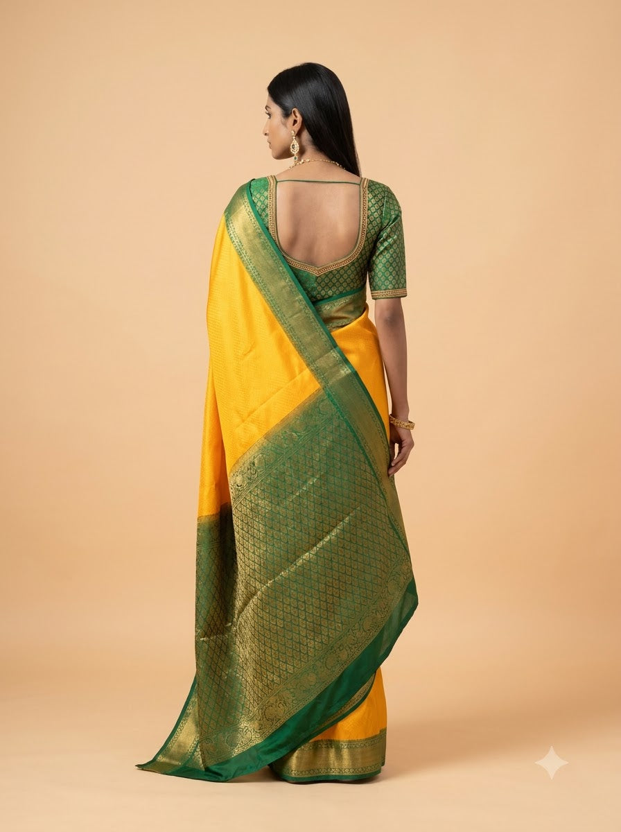 Orange Green Floral Zari Silk Saree