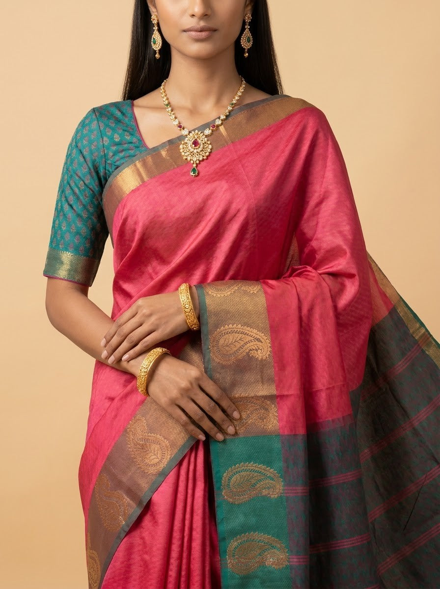 Art Silk Magenta Saree with Chevron Zari Border & Paisley Pallu