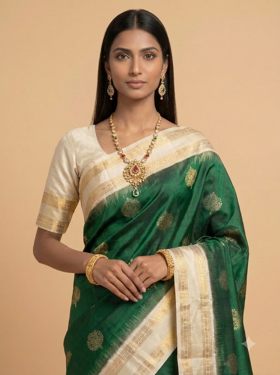 Bottle Green Silk Saree with Cream Gold Zari Pallu