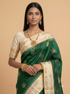 Bottle Green Silk Saree with Cream Gold Zari Pallu
