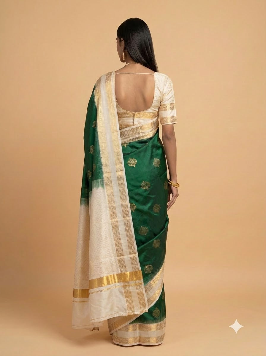 Bottle Green Silk Saree with Cream Gold Zari Pallu