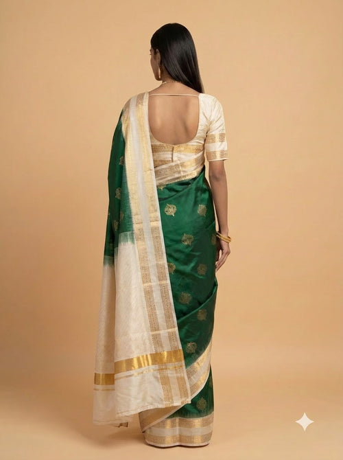 Bottle Green Silk Saree with Cream Gold Zari Pallu