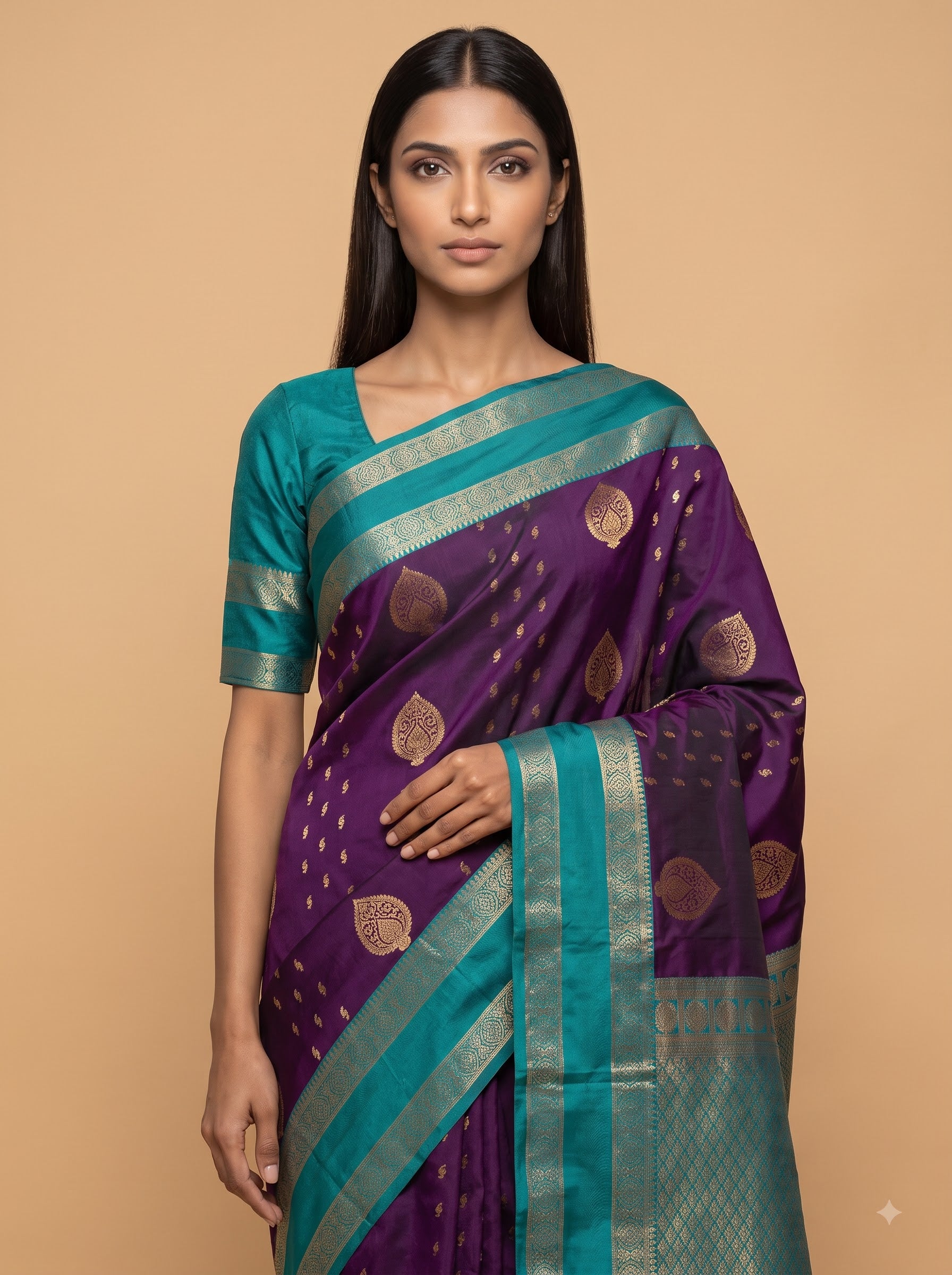 Purple Semi Silk Saree with Teal Green Border