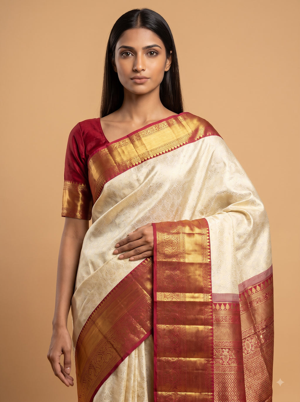Bright Red Kanjeevaram Silk with Antique Gold Border