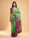 Parrot Green Kanjeevaram Silk Saree with Purple Zari Border & Elephant Motifs