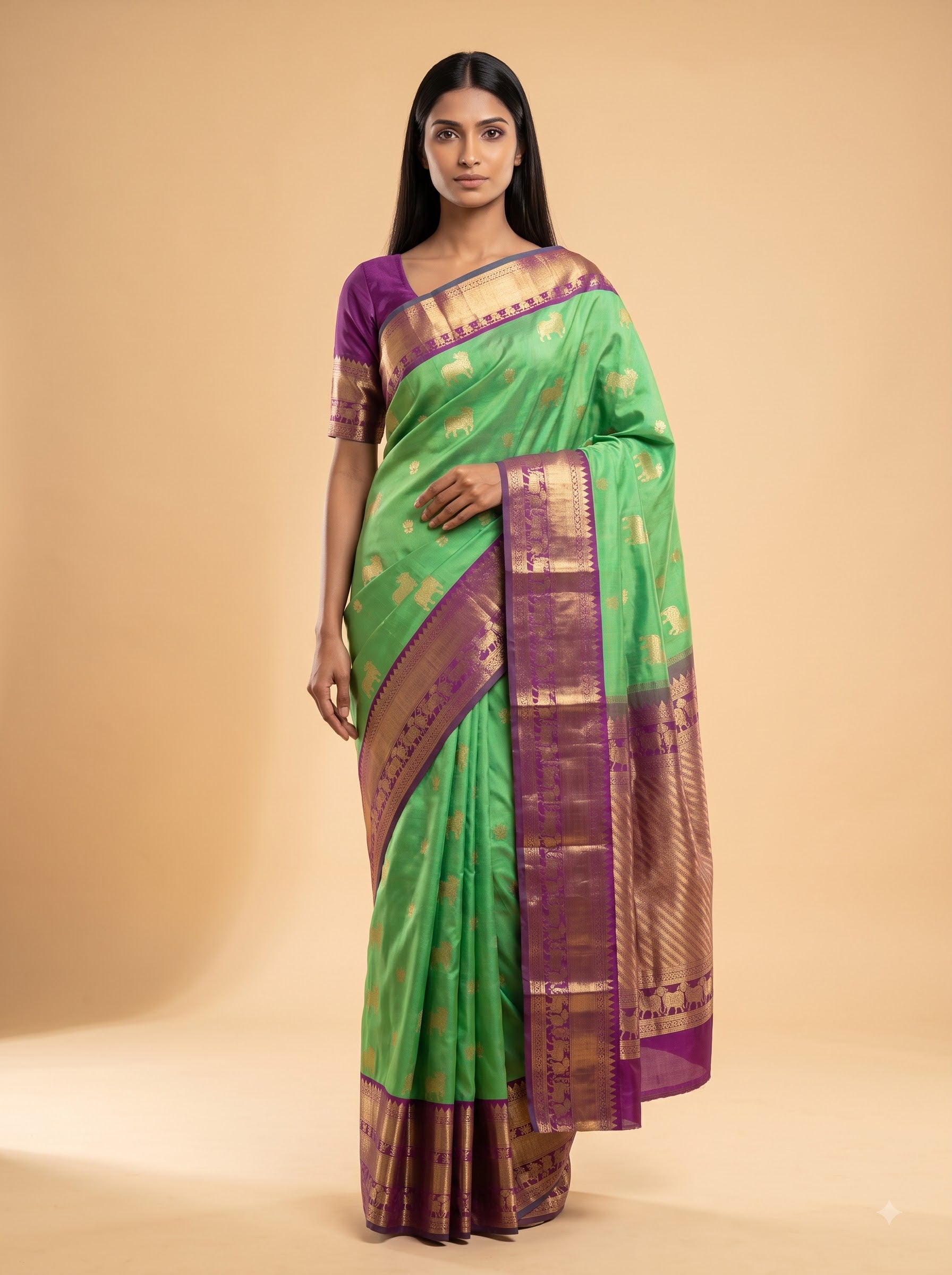 Parrot Green Kanjeevaram Silk Saree with Purple Zari Border & Elephant Motifs