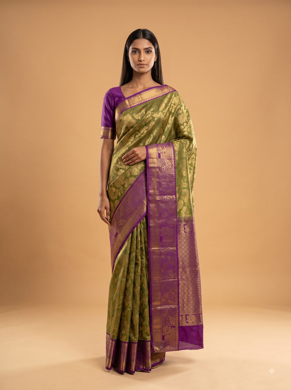 Pastel Green Kanjeevaram Silk Saree with Purple Pallu & Antique Gold Zari Border