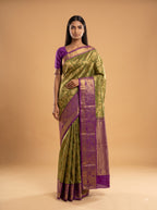 Pastel Green Kanjeevaram Silk Saree with Purple Pallu & Antique Gold Zari Border