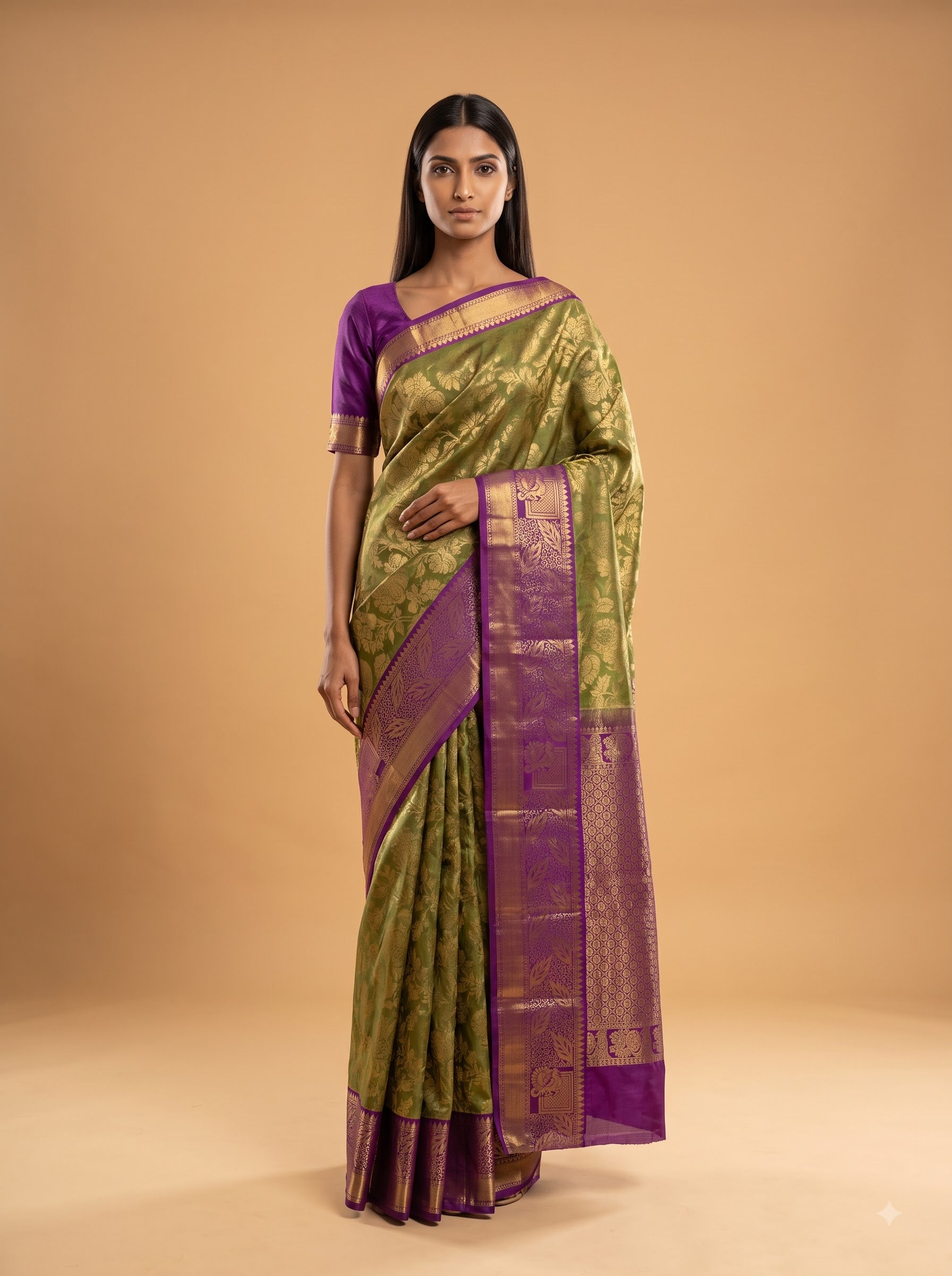Pastel Green Kanjeevaram Silk Saree with Purple Pallu & Antique Gold Zari Border