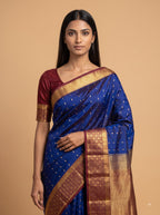 Royal Blue Kanjeevaram Silk Saree with Gold Zari Stripes & Wine-Burgundy Border