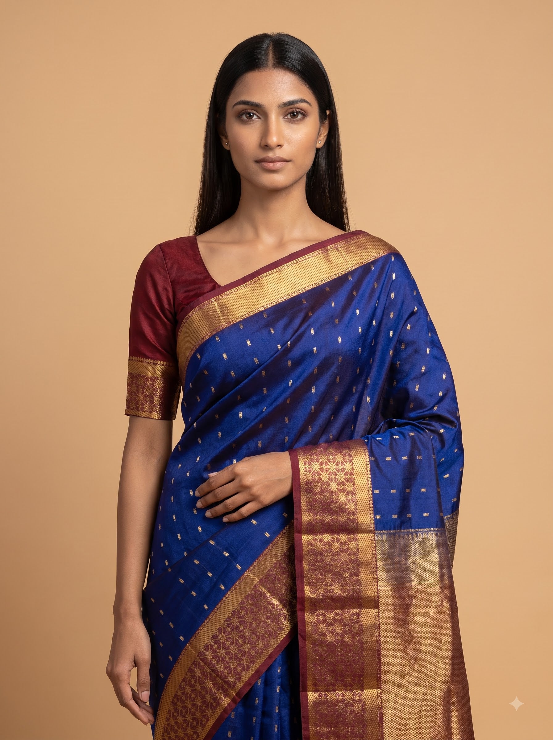 Royal Blue Kanjeevaram Silk Saree with Gold Zari Stripes & Wine-Burgundy Border