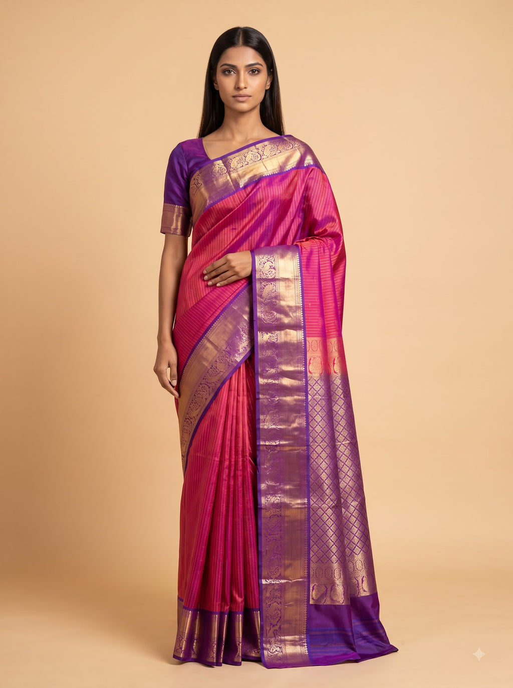 Bright Pink Kanjeevaram Silk with Royal Purple Border