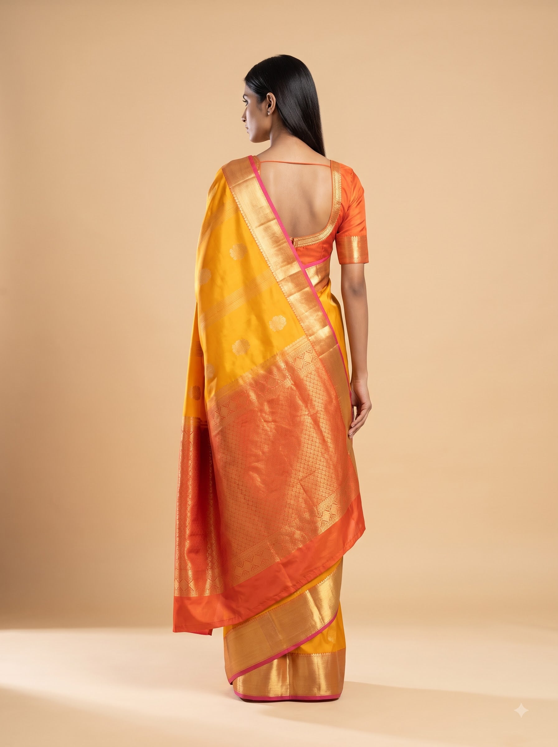 Mustard Orange Kanjeevaram Silk Saree with Red Gold Border