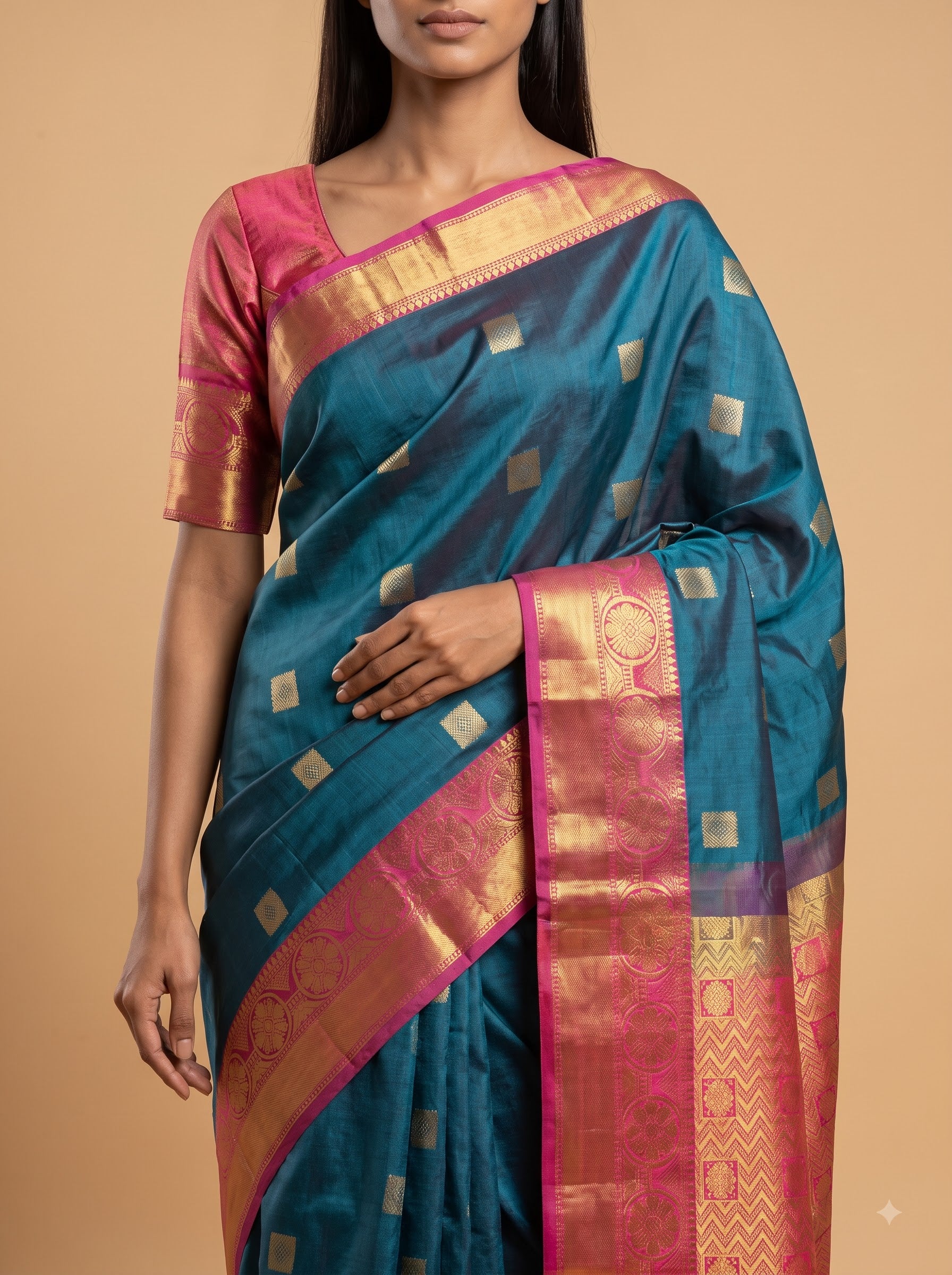 Teal Blue Kanjeevaram Silk Saree with Magenta Gold Zari