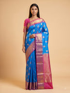 Peacock Blue Kanjeevaram Silk Saree with Magenta Zari Border