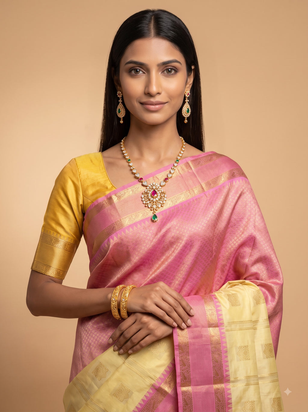 Soft Cream Kanjeevaram Silk Saree with Rose Pink Border