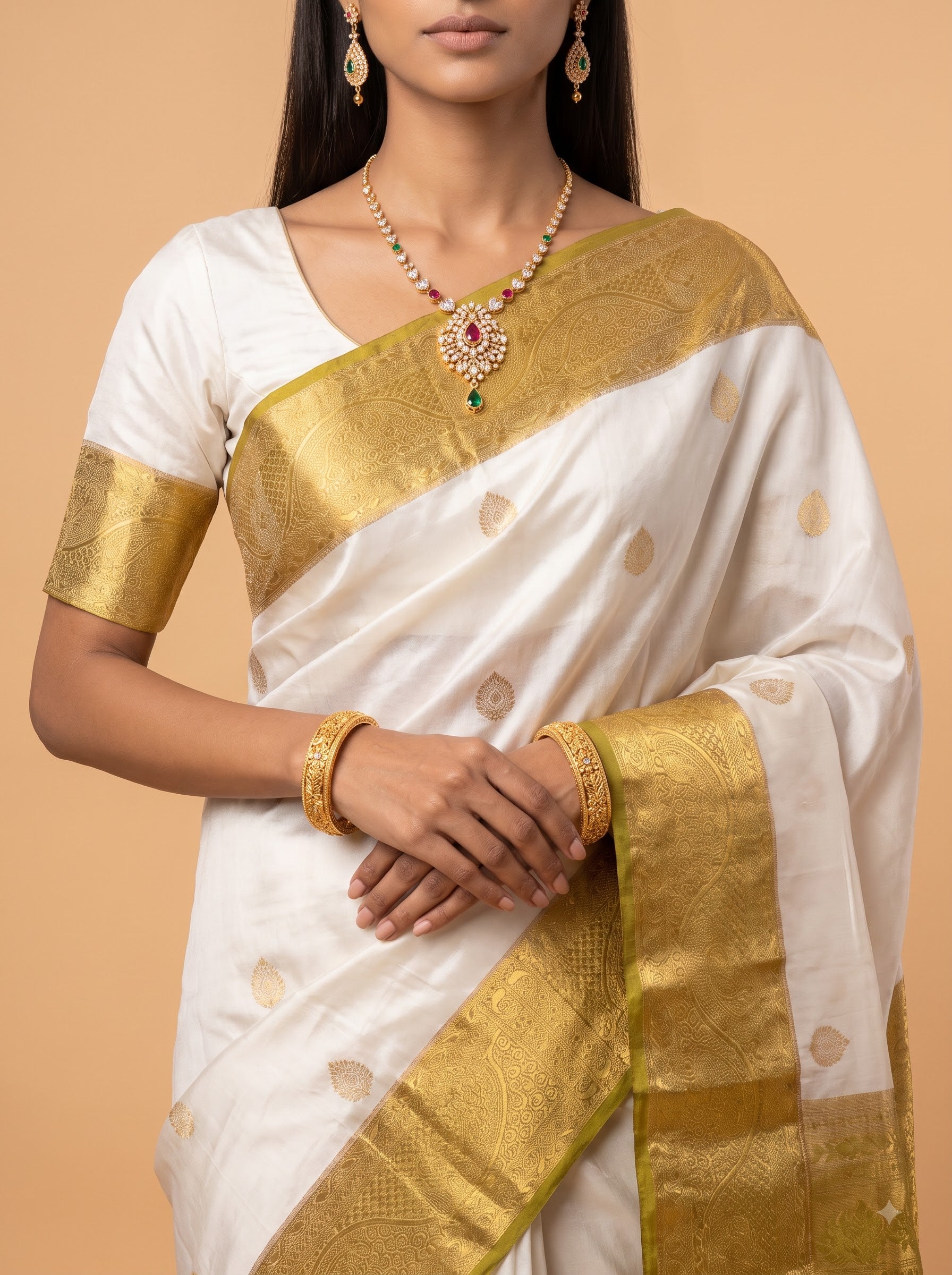 Ivory & Olive Green Jacquard Zari Saree with Antique Gold Pallu