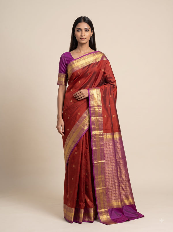 Rust Orange Kanjeevaram Silk Saree with Magenta Zari Border