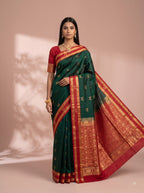 Deep Green and Red Gold Zari Woven Chiniya Silk Saree