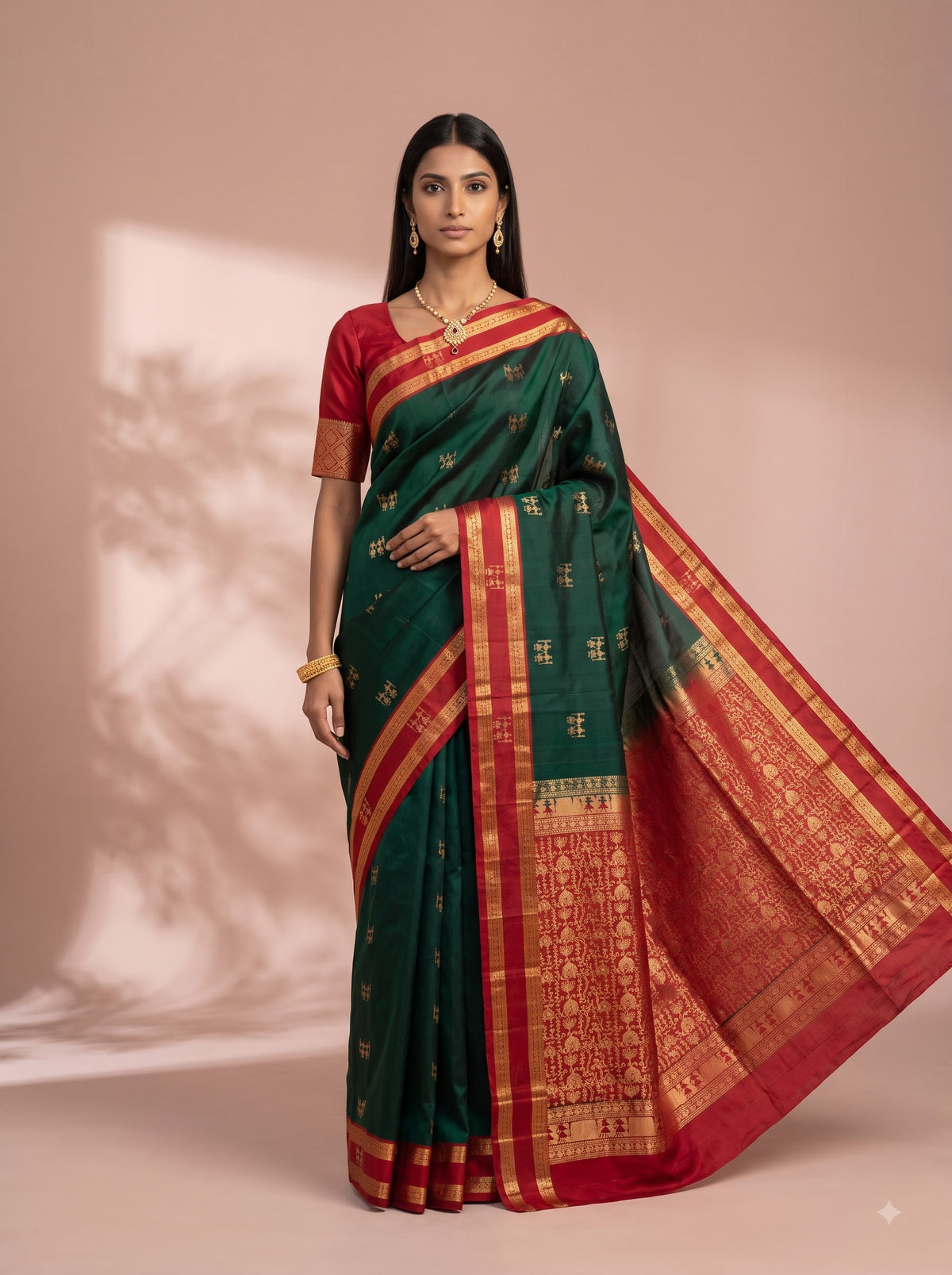 Deep Green and Red Gold Zari Woven Chiniya Silk Saree