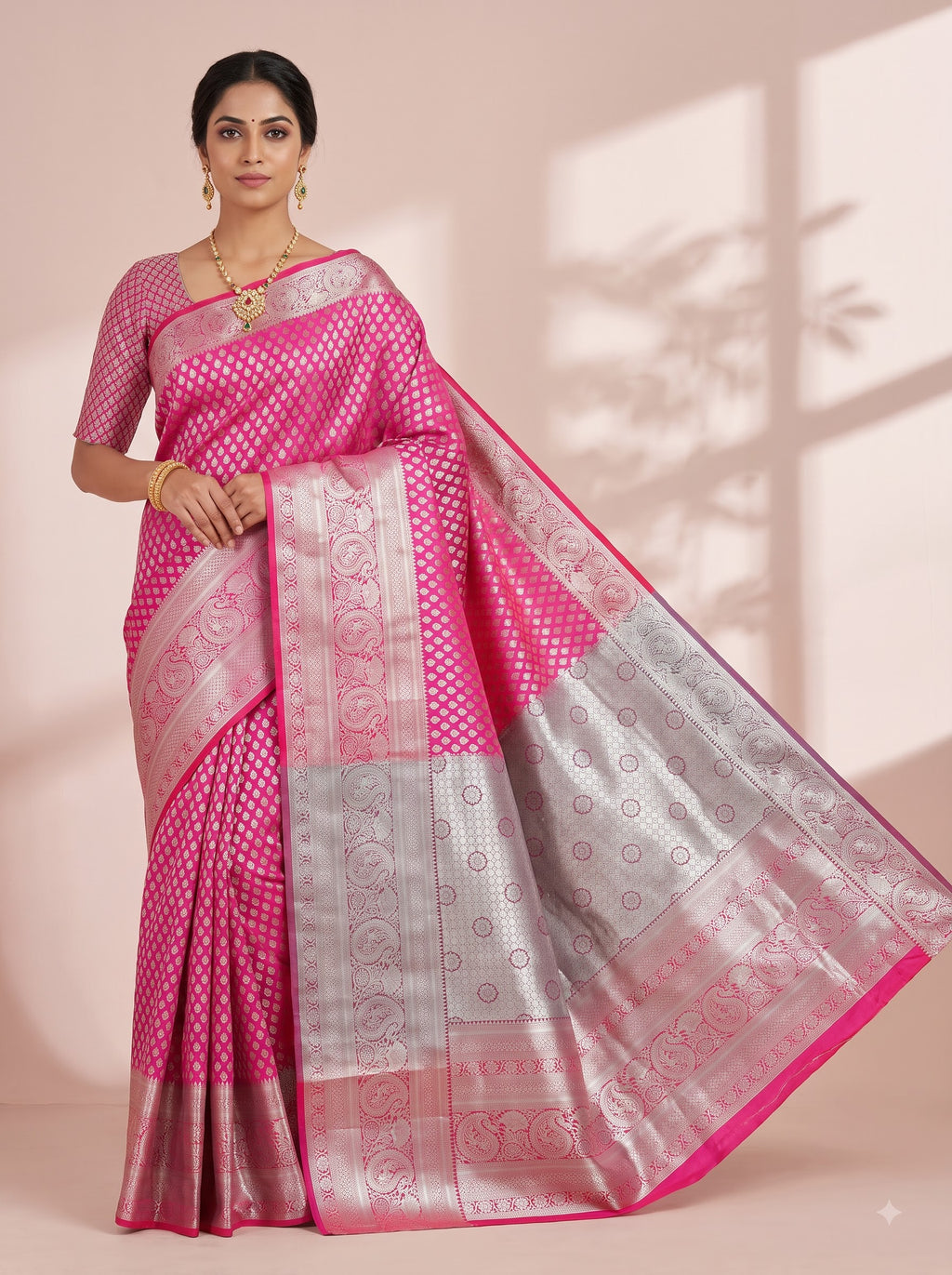 Magenta Tissue Brocade Saree with Silver Zari Paisley Jaal