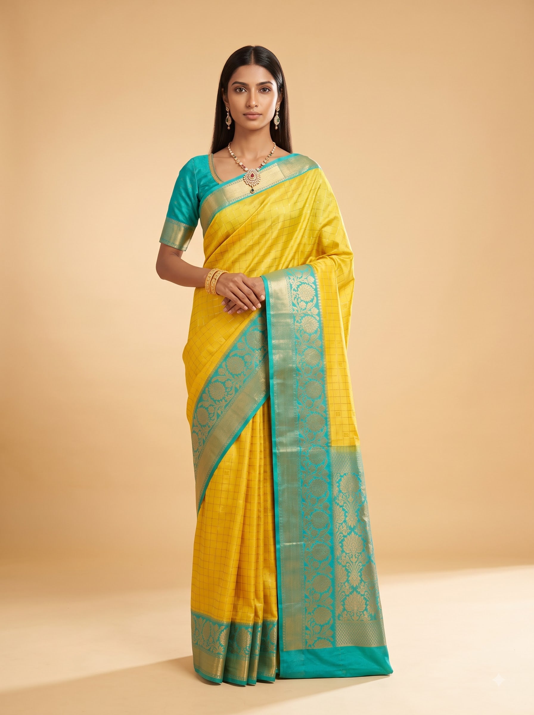 Mustard Yellow Checked Silk Saree
