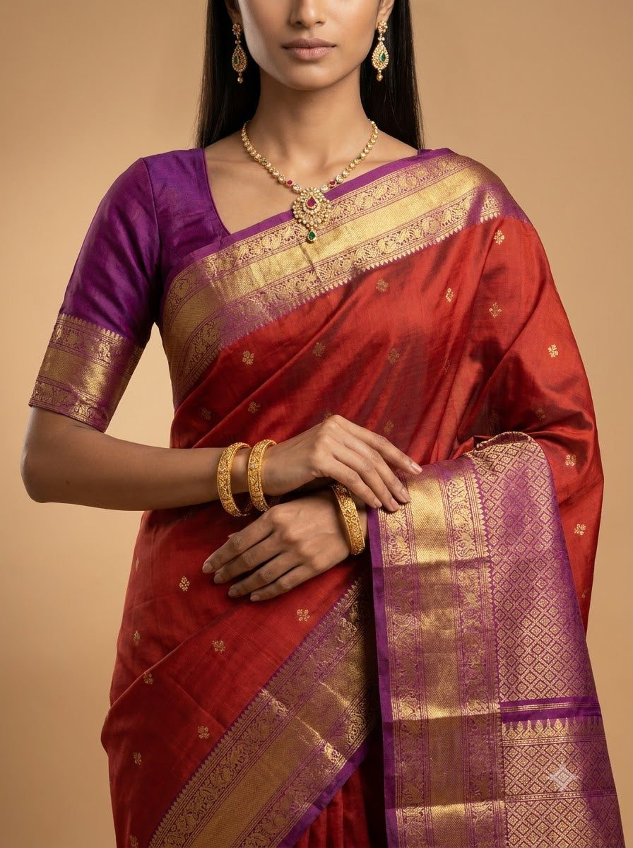 Rust Orange Kanjeevaram Silk Saree with Magenta Zari Border