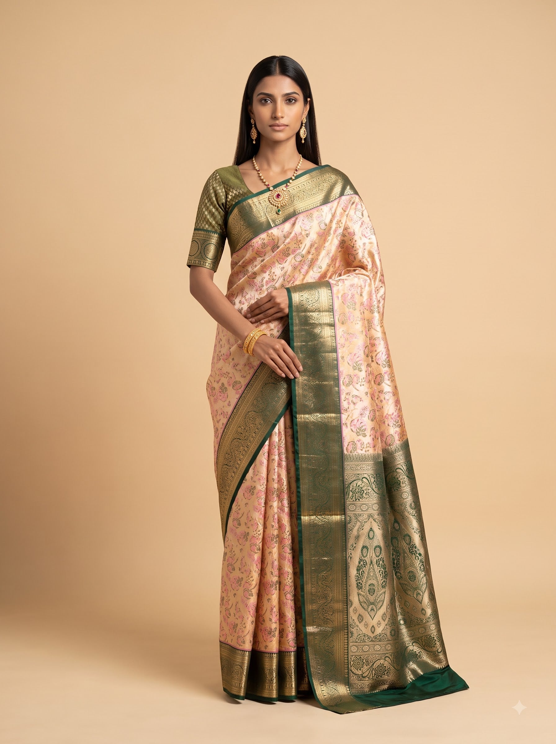 Dual Tone Cream & Yellow color Tissue Saree with Green Border