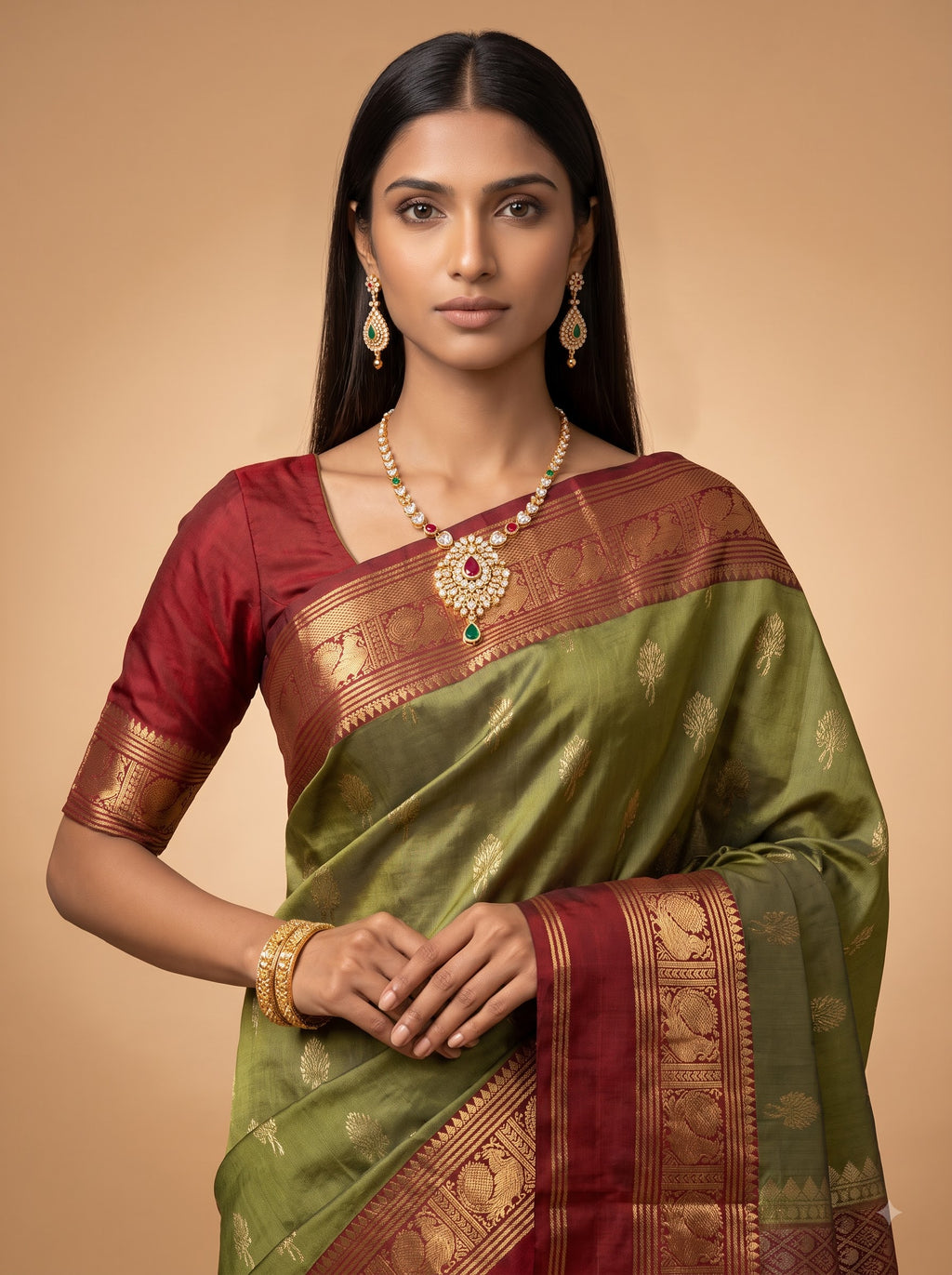 Olive Green Maroon Cotton Silk Saree