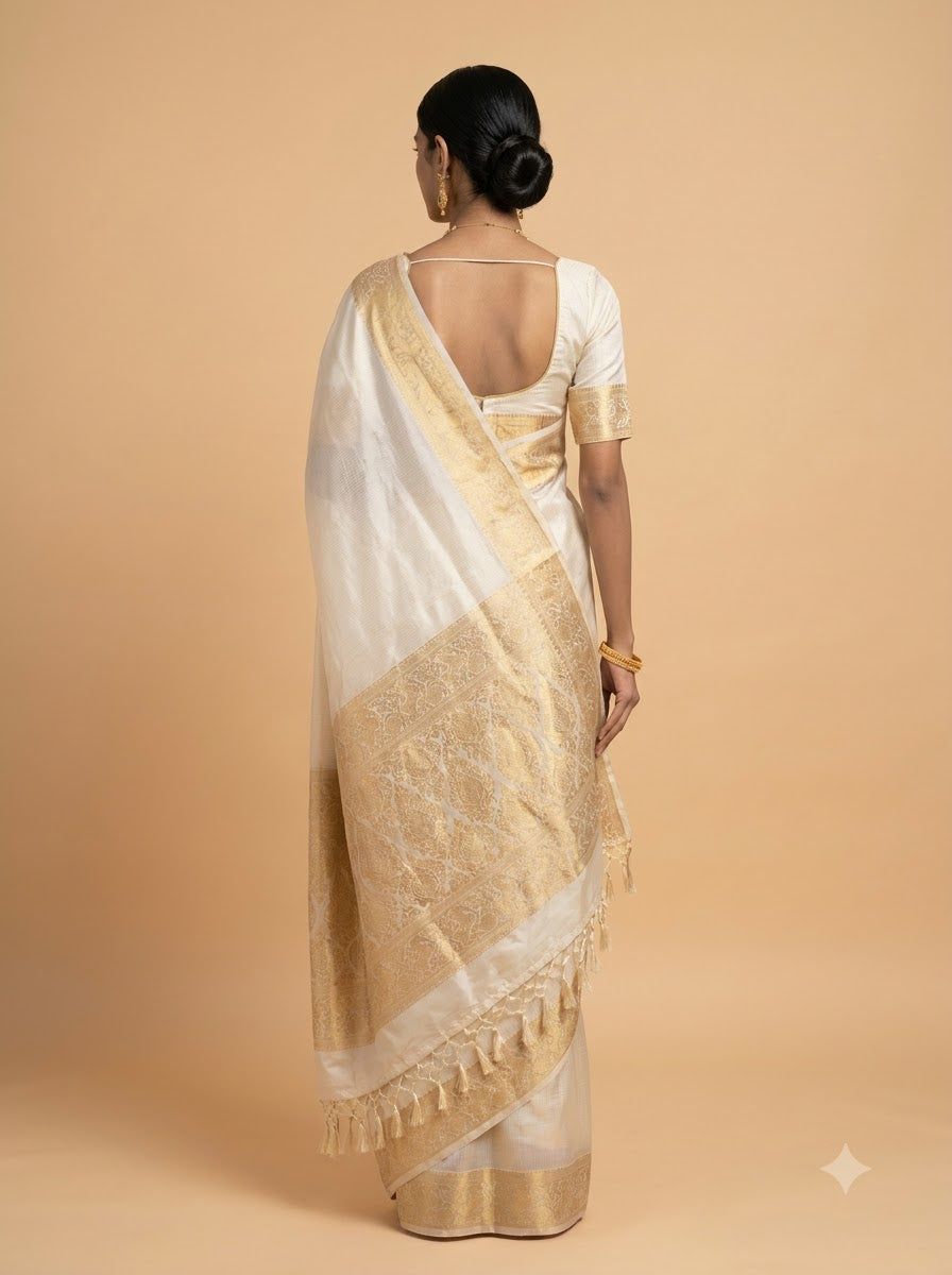 Silver Gold Floral Paisley Zari Kanjivaram Silk Saree