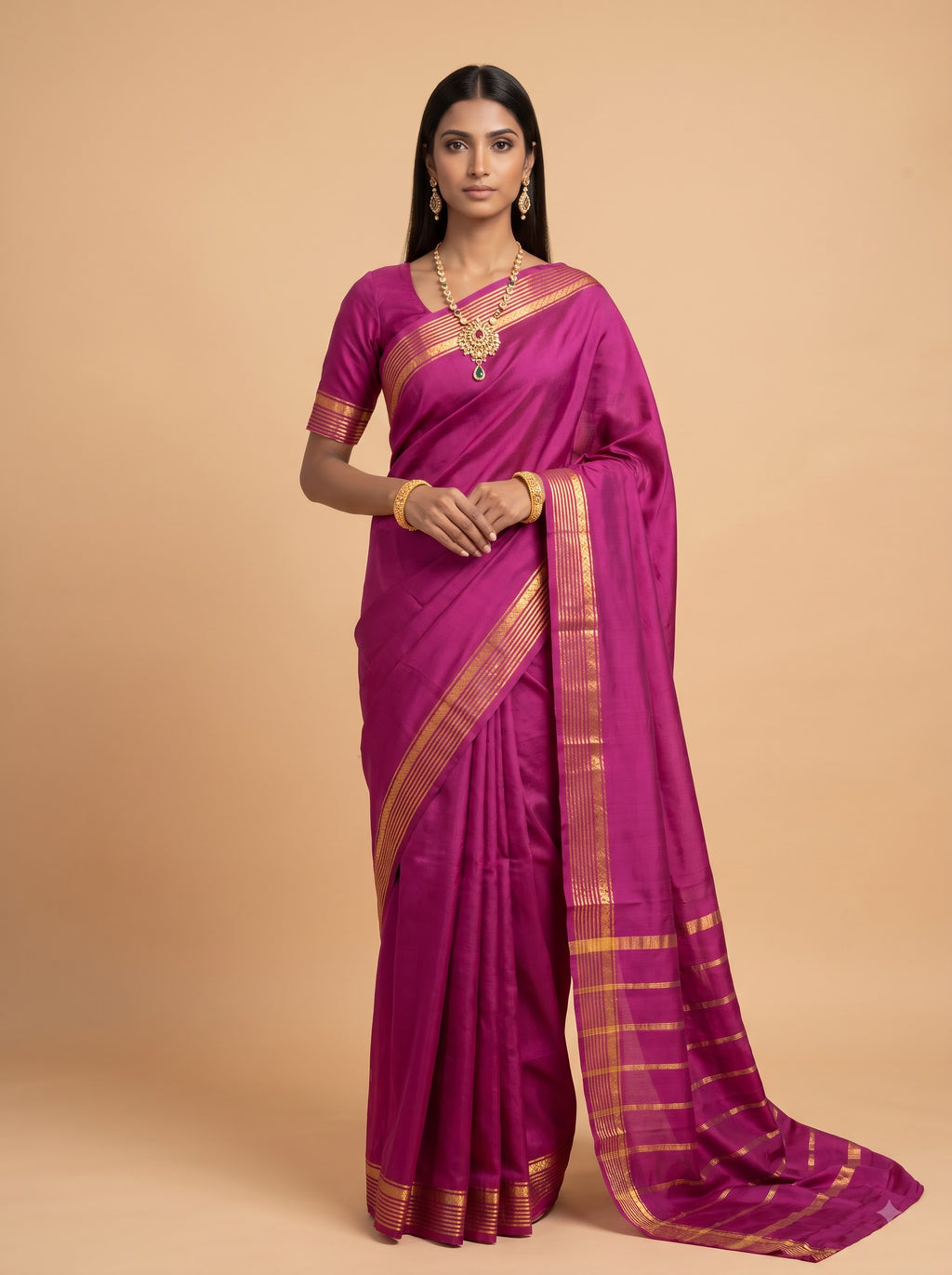 Magenta Purple Gold Zari Silk Saree.