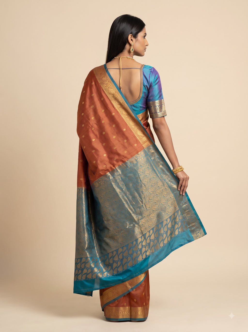 Dusty Rose Silk Saree with Aqua Blue Leaf Zari Border