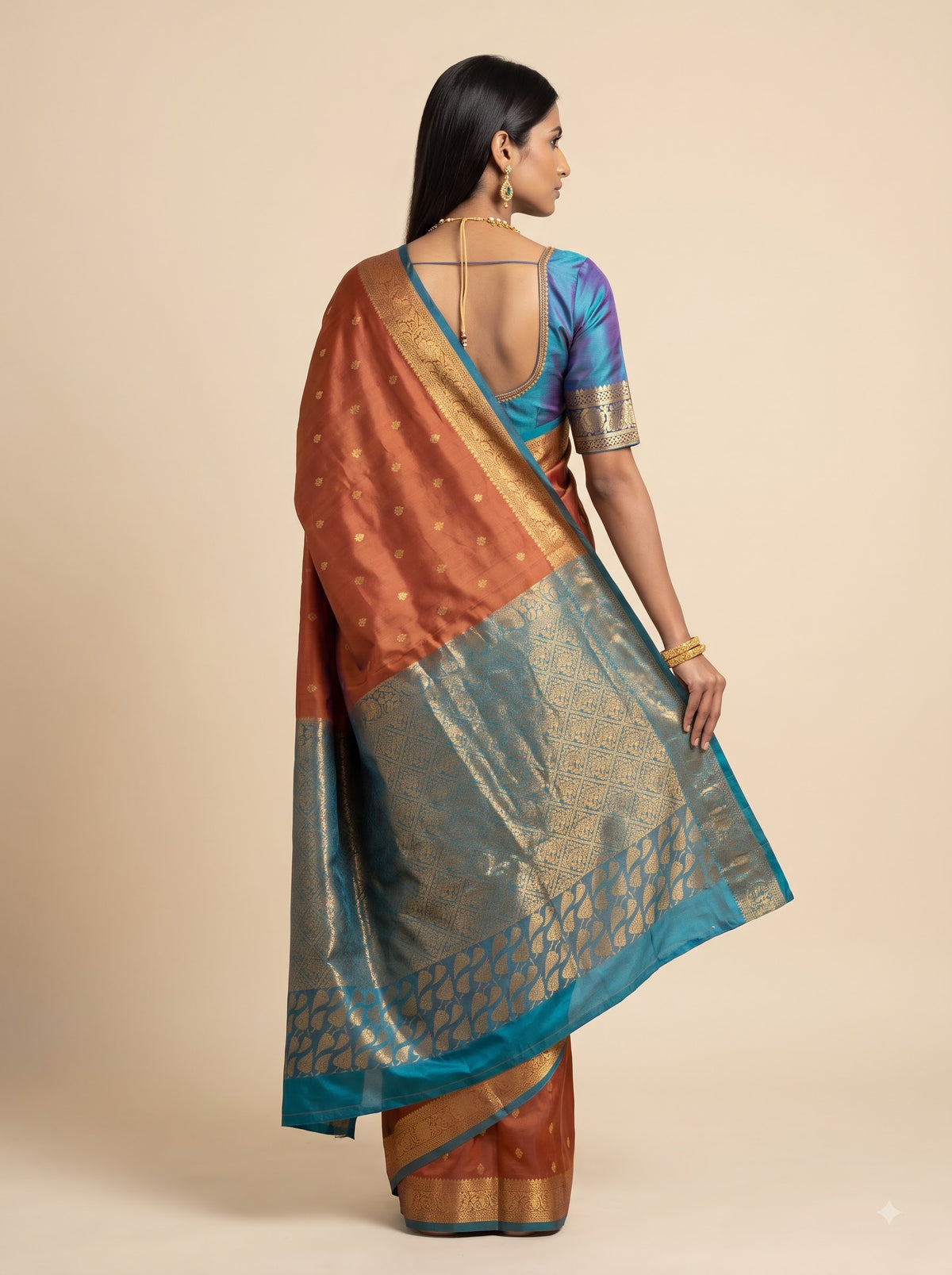 Dusty Rose Silk Saree with Aqua Blue Leaf Zari Border