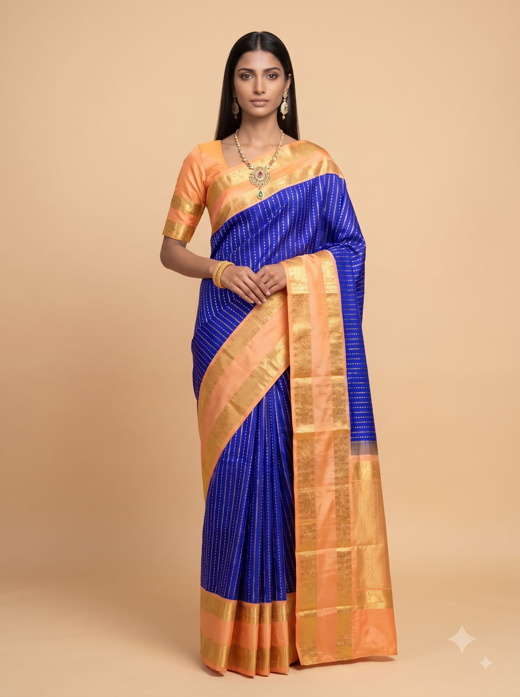 Peach Silk Saree with Royal Blue Zari Pallu