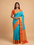 Turquoise Blue Silk Saree with Antique Gold Zari Border