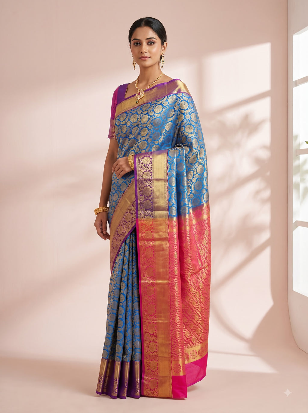 Blue Tissue Brocade Saree with Magenta Zari Scallop Border
