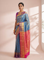 Blue Tissue Brocade Saree with Magenta Zari Scallop Border