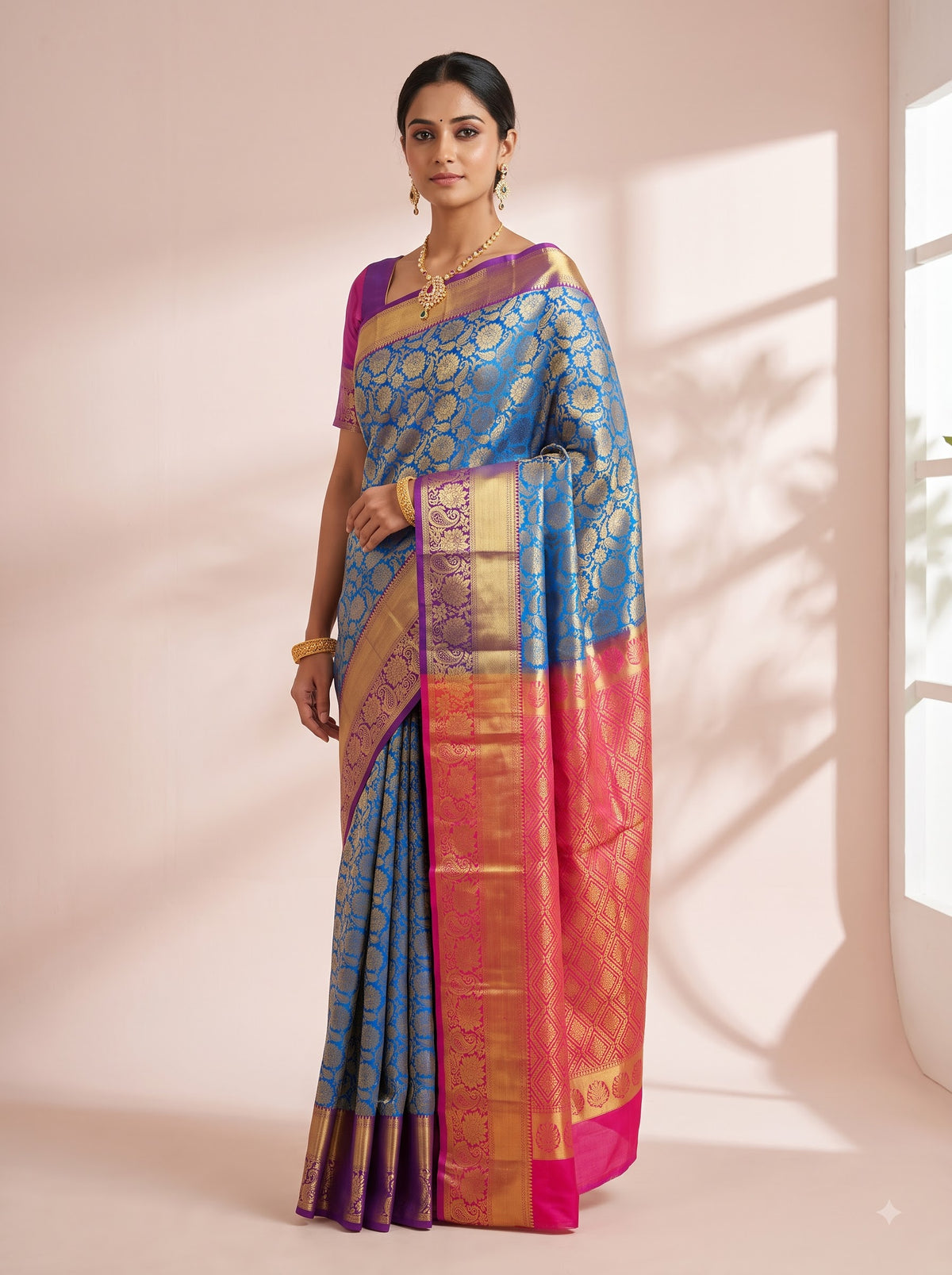 Blue Tissue Brocade Saree with Magenta Zari Scallop Border