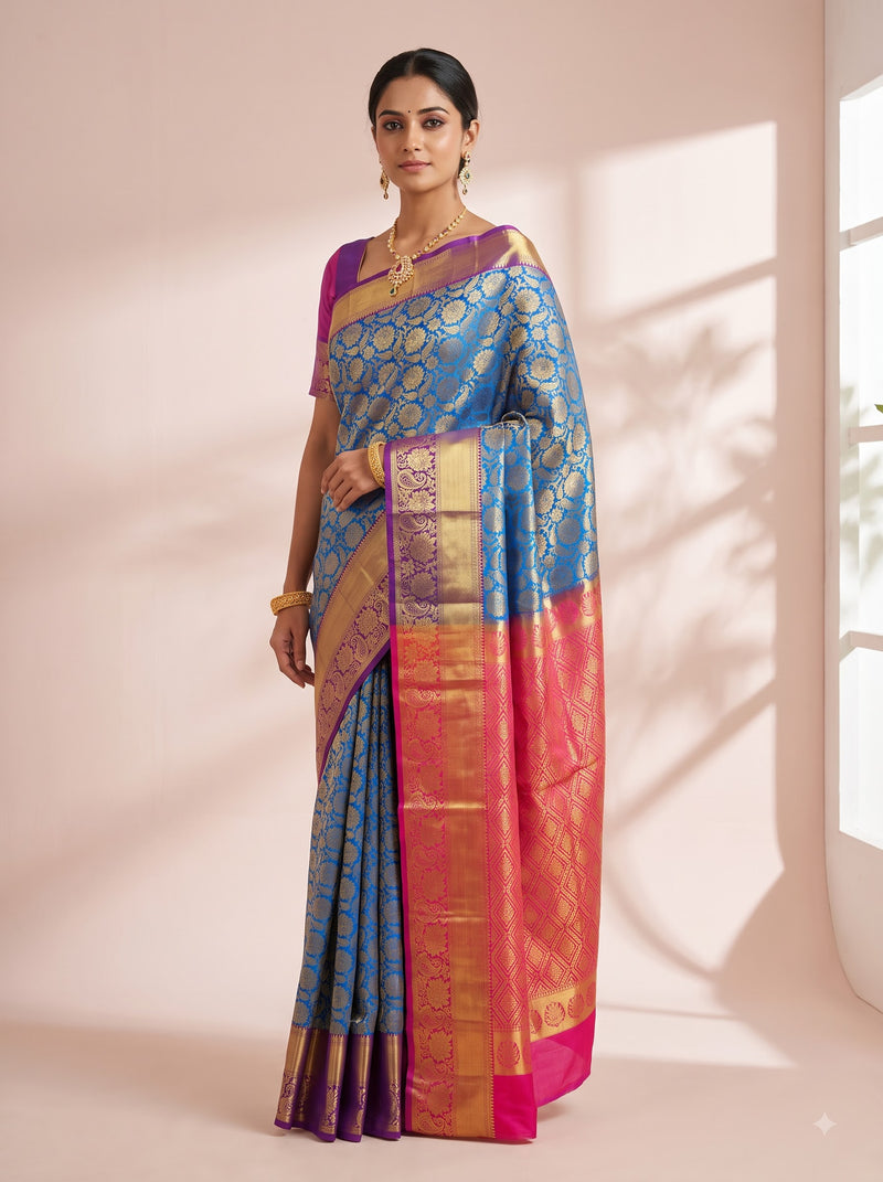 Blue Tissue Brocade Saree with Magenta Zari Scallop Border