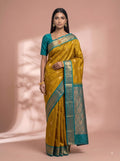 Olive Green Silk Saree with Teal Zari Border