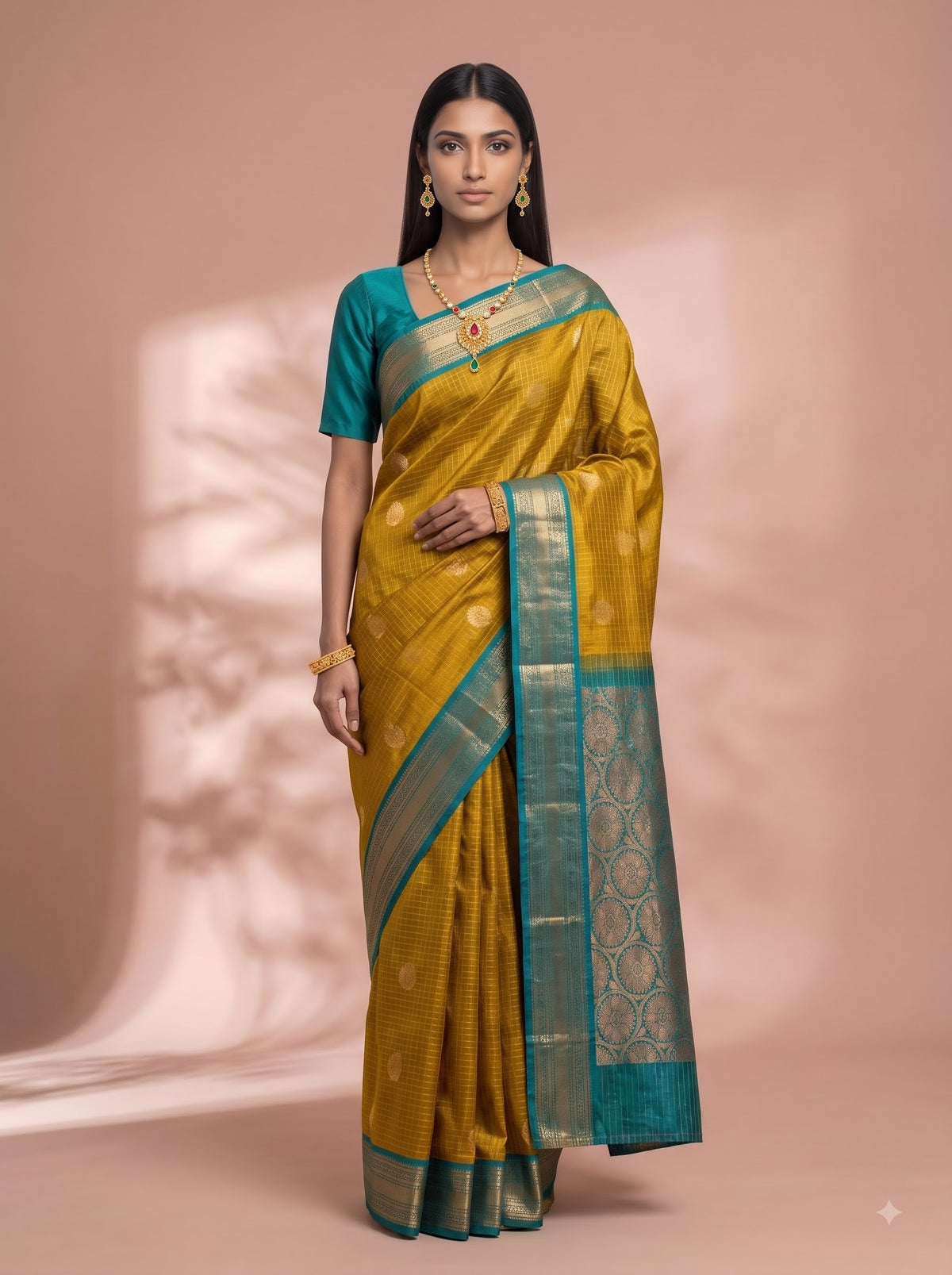 Olive Green Silk Saree with Teal Zari Border