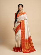 Peach Red Gold Zari Kanjivaram Silk Saree