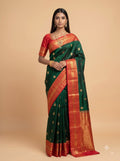 Bottle Green Silk Saree with Maroon Zari Border and Traditional Pallu