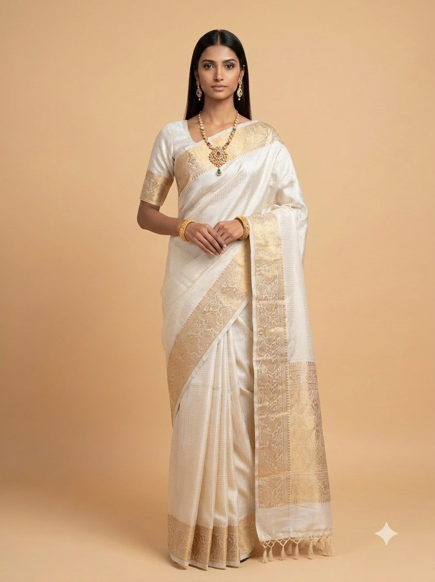 Silver Gold Floral Paisley Zari Kanjivaram Silk Saree