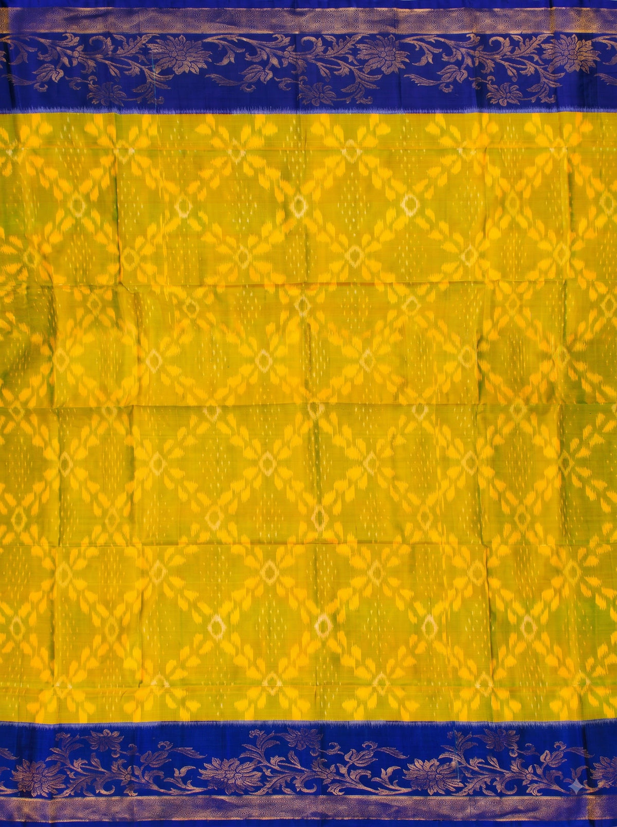 Yellow Royal Blue Chiniya Silk Gold Zari Floral Saree.