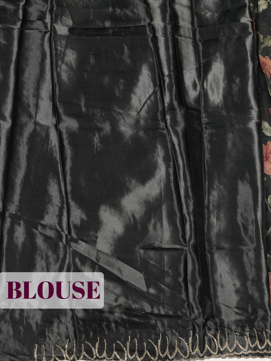 Black Satin Fancy Saree with Brasso Print with Metallic Floral Motifs
