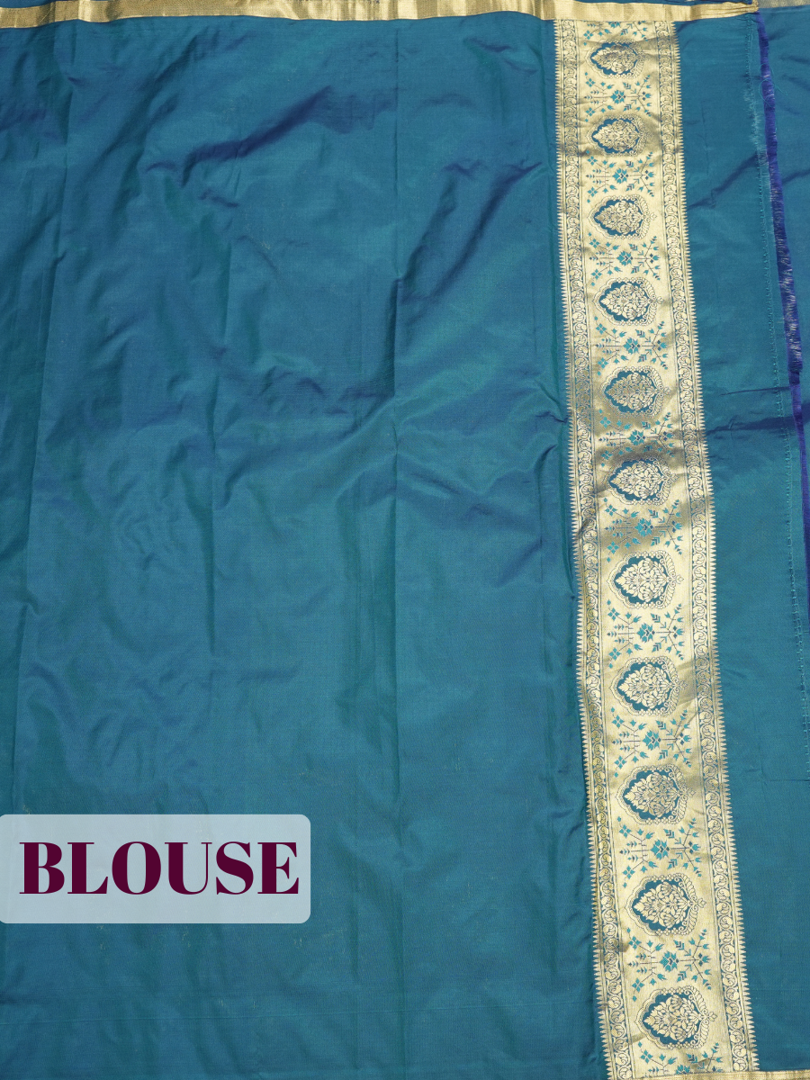 Dark Blue Semi Bridal Kanchipuram Silk Saree with Floral Vine Temple Zari Border